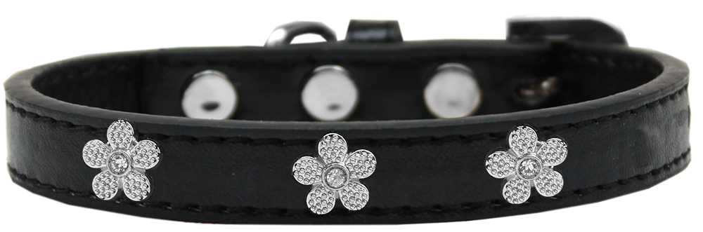 Silver Flower Widget Dog Collar Black Size 12
